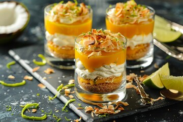 Canvas Print - Layered dessert made with homemade mango puree cream cheese roasted coconut chips and lime zest Healthy dessert idea