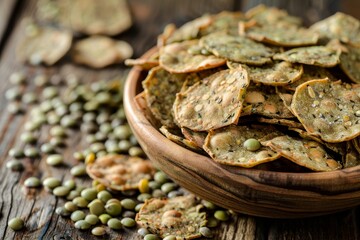 Poster - Lentil chips on wood Healthy snack idea