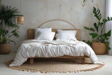 Poster - Minimal bedroom interior with white pillows on wooden bed plants and round rug real photo