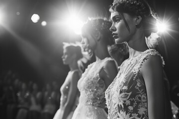 Wall Mural - Models on catwalk at Bridal Fashion Week Black and white image