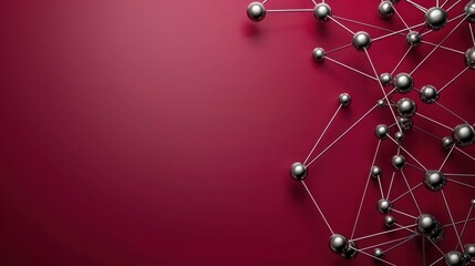 Poster - Metallic silver dots connected by gunmetal lines on a rich crimson background, text space in the upper left