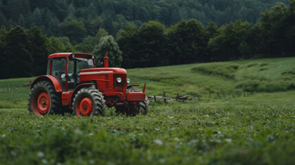 Poster - A red tractor is in a field of grass