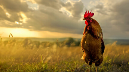 A rooster with a red comb standing in a field near a farm, rising with the dawn and the sunrise to crow and mark the beginning of a new day.