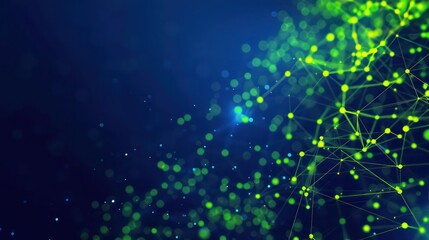 Poster - Neon green dots linked by bright yellow threads on a deep blue background, text area in the upper left