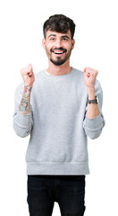 Wall Mural - Young handsome man wearing sweatshirt over isolated background celebrating surprised and amazed for success with arms raised and open eyes. Winner concept.