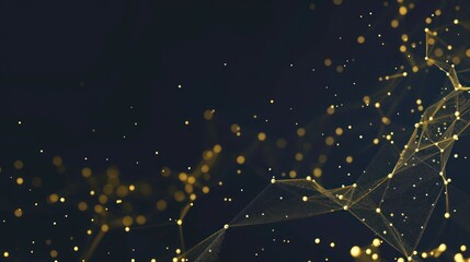 Poster - Pale gold dots linked by mustard threads on a dark navy background, text space in the top right