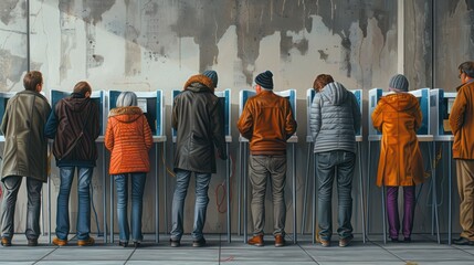 Wall Mural - Citizens fill out ballots in voting booths on national election day in the European Union. Various men and women