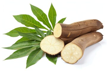 Canvas Print - Cassava and cassava leaf on white background