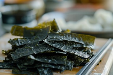 Wall Mural - Close up of sliced dried seaweed on cutting board South Korea