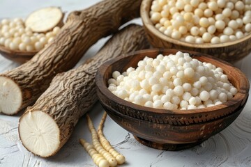 Sticker - Closeup of cassava roots and tapioca pearls in a white bowl