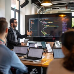 professional instructor teaching a group of engineers programming using a large tv for display. busi