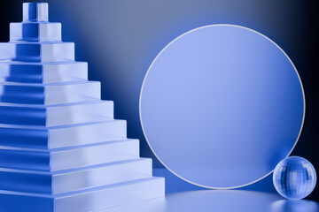 Poster - Abstract geometric shapes in blue tones, including a pyramid, a sphere, and a circle. 3d rendering
