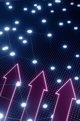 Poster - Benchmarking. Neon arrows pointing upwards on a digital grid with glowing dots. 3d rendering
