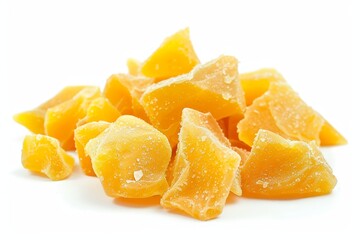 Canvas Print - Dehydrated mango chips on white background with intense aroma and taste