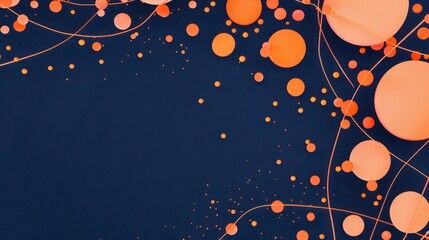 Poster - Vivid orange dots linked by peach threads on a navy blue background, text space in the upper right