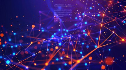 Poster - Royal blue dots connected by bright orange lines on a deep purple background, with a text area in the upper center