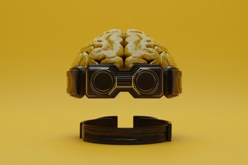 Sticker - Golden brain wearing VR goggles on a yellow background, merging virtual reality and intelligence in a striking, modern illustration