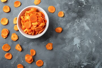 Wall Mural - Fresh carrot chips in white bowl on gray surface top view Copy space