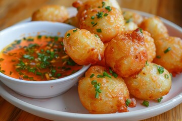 Wall Mural - Fried cassava on white plate with sauce