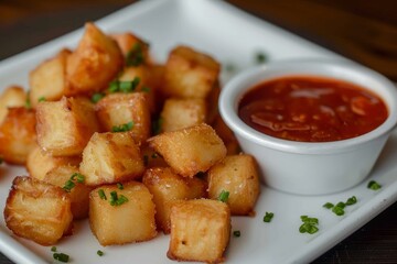 Sticker - Fried cassava on white plate with side of sauce