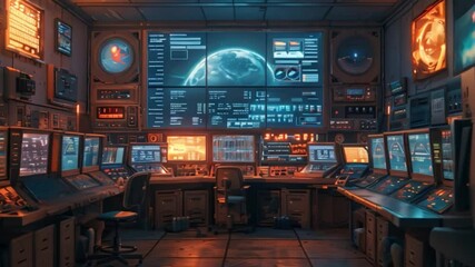 Poster - A view of the control room during a rocket launch, showing multiple monitors with data and a view of Earth.