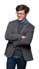 Young handsome business man wearing glasses over isolated background happy face smiling with crossed arms looking at the camera. Positive person.