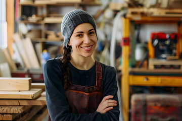 Wall Mural - Smiling craftswoman in woodwork studio