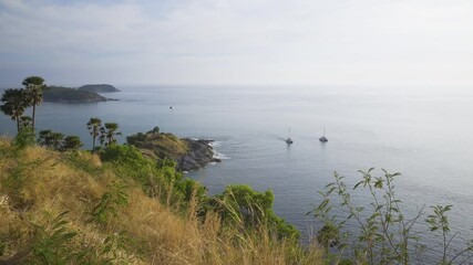 Sticker - Breathtaking aerial view of Phromthep Cape with sailboats, palm coconut trees, and stunning coastal scenery in Phuket, Thailand