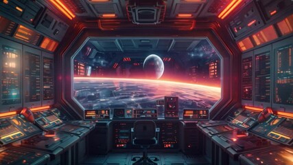 Poster - A futuristic control room with a large window overlooking Earth and a moon. The room is filled with monitors and control panels.