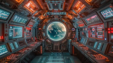 Poster - A futuristic control room with numerous screens and dials, showing the Earth through a large window.
