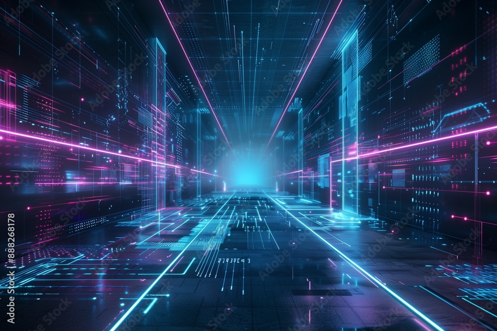 Abstract digital background with glowing neon lines and cyberpunk ...