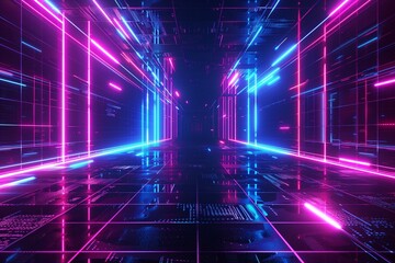 Poster - 3d render, abstract futuristic background with neon grid lines and glowing light blue pink purple color