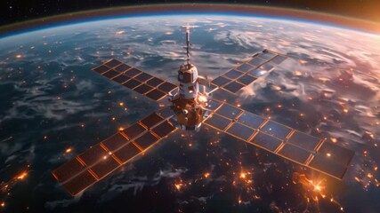 Poster - A satellite in orbit around Earth, with its solar panels extended, during maintenance operations.