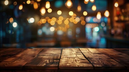 Poster - Nighttime blurred background with wooden table platform for product display mock up at a bar restaurant