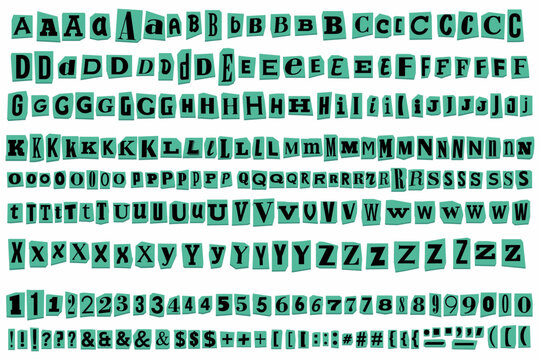 Paper Cut out ransom vector letters alphabet. Blackmail or Ransom Kidnapper Anonymous Note Font. Latin Letters, Numbers and punctuation symbols. Collage style criminal ransom letters. Compose your own