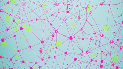 Poster - Magenta dots interconnected with lime lines over a pale blue canvas, designated area for text in the upper center