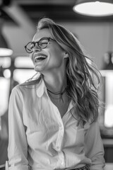 Sticker - woman laughing, black and white photograph