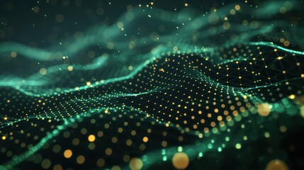 Poster - Emerald green dots linked by golden threads over a charcoal backdrop, text area focused in the upper center