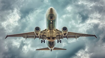 Wall Mural - Aircraft shortened from underneath on cloudy sky backdrop wallpaper with room for text