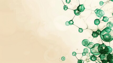 Poster - Emerald green dots linked by sage threads on a light tan background, text space in the bottom right