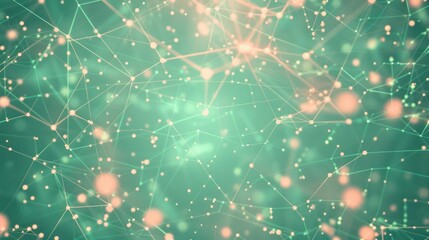 Poster - Dots of light coral linked by dark green lines on a muted teal canvas, text focus in the upper center