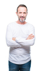 Poster - Middle age hoary senior man wearing white t-shirt over isolated background happy face smiling with crossed arms looking at the camera. Positive person.