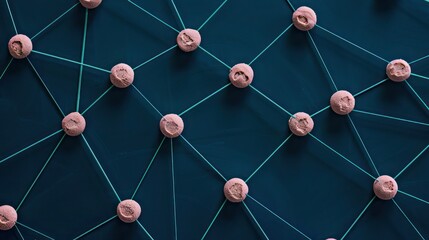Poster - Dots of dusty rose linked by teal green lines on a navy background, designated text space in the upper center