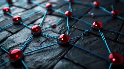 Poster - Crimson dots linked by metallic blue lines on a slate background, text focus area in the upper center