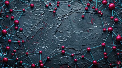 Poster - Crimson dots linked by metallic blue lines on a slate background, text focus area in the upper center