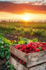 Wall Mural - A wooden crate overflowing with fresh, vibrant red radishes