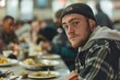 © Archibalttttt - Positive homeless white man sits at a table in a bustling shelter dining hall, surrounded by other individuals
