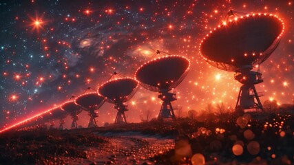 Poster - A series of large, ground-based antennas stand tall against a backdrop of a starry sky, illuminating the night with their red lights.