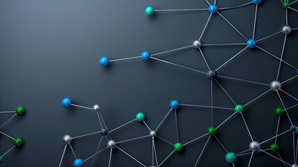 Poster - minimalist design of blue and green dots connected by silver, shimmering lines on a charcoal gray background; upper center designated for text