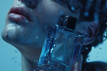 A man is posing beside a filled swimming pool, holding an elegant glass perfume bottle